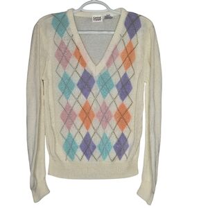 Vintage Casual Corner Knit Argyle Sweater Vneck Pastel Womens Size Large Preppy